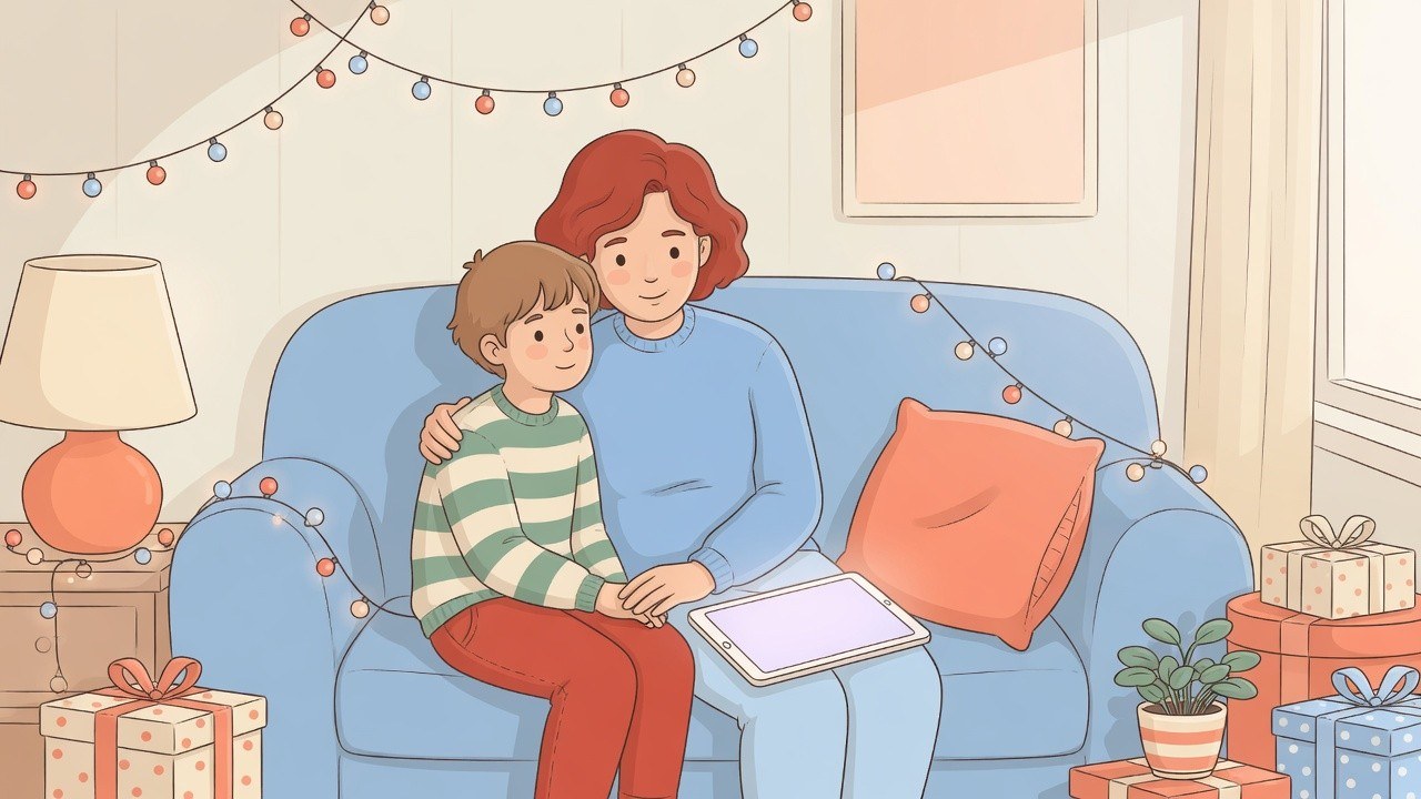Storybook lighter-skinned parent and child on a sofa with holiday gifts and string lights